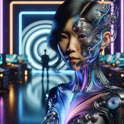 The primary subject of the image is a woman with a futuristic, cyberpunk appearance. She is wearing a metallic, high-tech outfit and has a striking, colorful design. The setting is a futuristic environment, possibly a futuristic city or a space station. The visual style of the image is a combination of digital art and illustration, creating a unique and captivating scene. The colors and mood of the image are vibrant and energetic, reflecting the futuristic and technological theme of the woman's appearance.